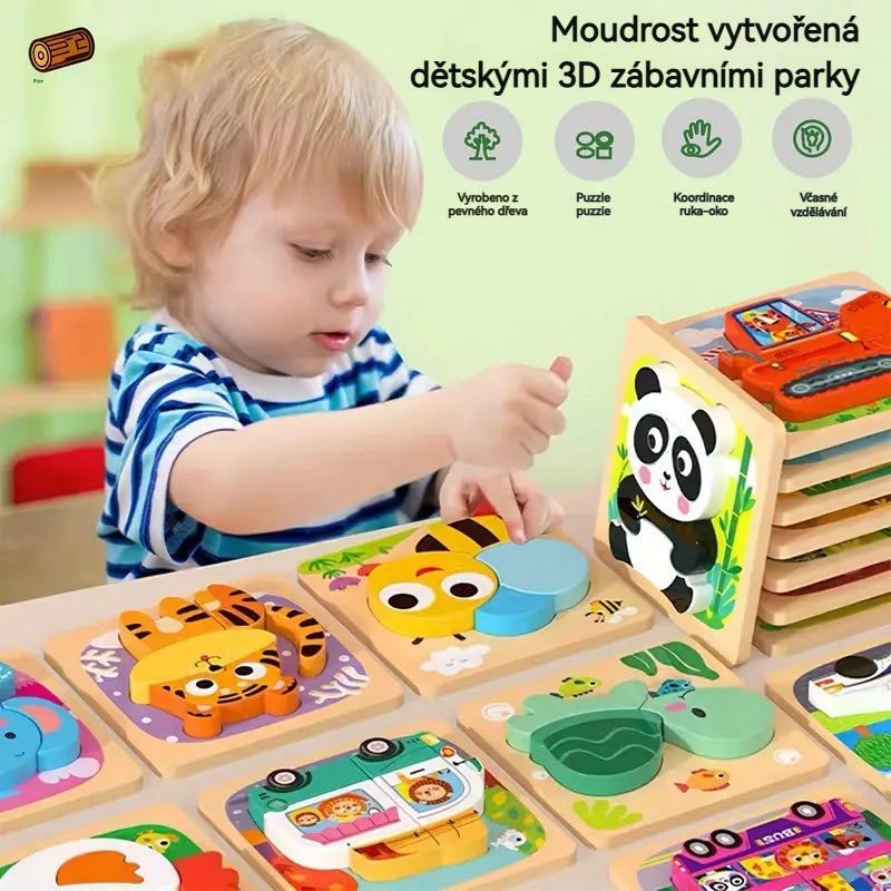 👧🏻🧩【1 комплект от 16 стила】 Дървени 3D пъзели Монтесори за образование в ранна детска възраст