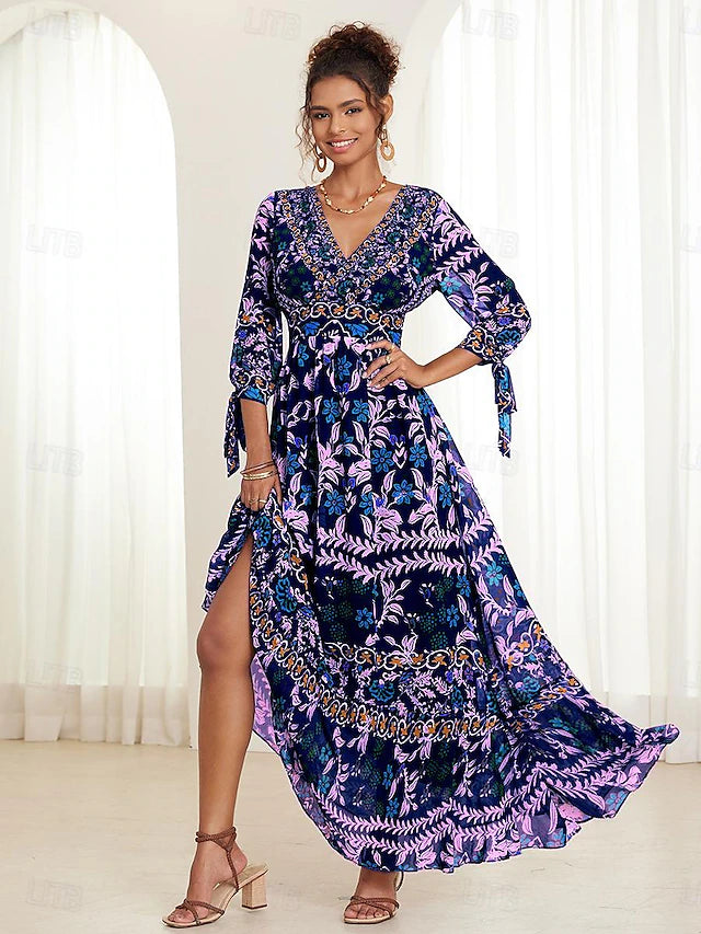 💟【S-5XL】👗Дълга дамска рокля с V-образно деколте и флорални волани 2024, лято, нов празничен бохо стил