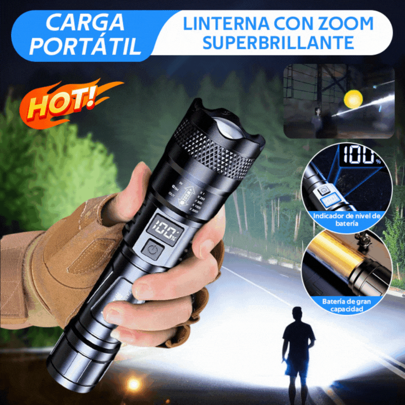 Мощен, презареждащ се преносим фенер за открито, супер ярък, с функции за увеличение и голям обхват.