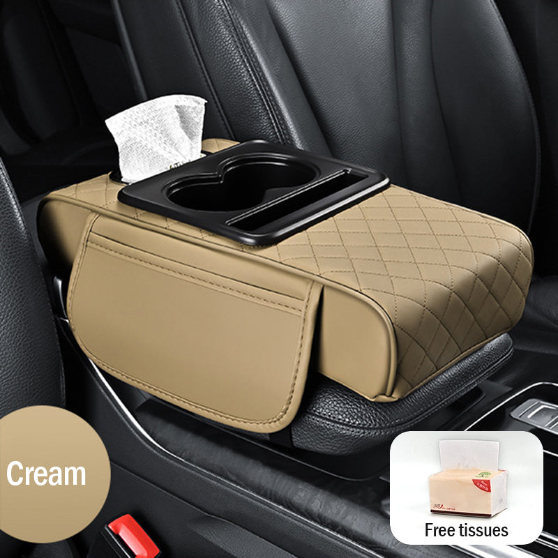 Универсална кожена подложка за подлакътник за кола 4 в 1 ✅ Вградена кутия за салфетки ✅ Поставка за чаши