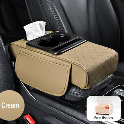 Универсална кожена подложка за подлакътник за кола 4 в 1 ✅ Вградена кутия за салфетки ✅ Поставка за чаши