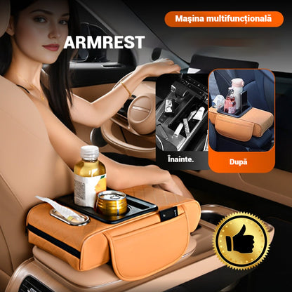 Универсална кожена подложка за подлакътник за кола 4 в 1 ✅ Вградена кутия за салфетки ✅ Поставка за чаши