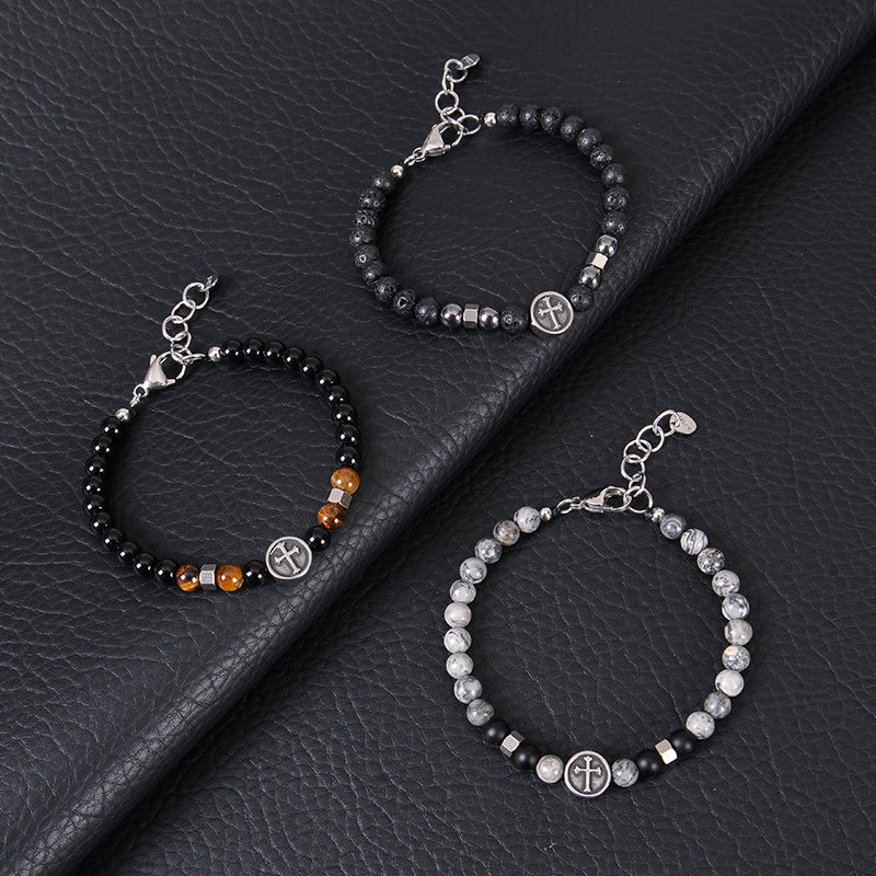 Винтидж мъжка гривна с кръст от неръждаема стомана, естествен камък и гривна с мъниста от обсидиан
