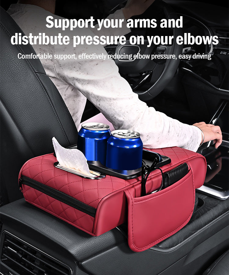 Универсална кожена подложка за подлакътник за кола 4 в 1 ✅ Вградена кутия за салфетки ✅ Поставка за чаши