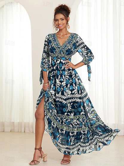 💟【S-5XL】👗Дълга дамска рокля с V-образно деколте и флорални волани 2024, лято, нов празничен бохо стил