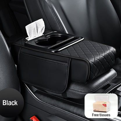 Универсална кожена подложка за подлакътник за кола 4 в 1 ✅ Вградена кутия за салфетки ✅ Поставка за чаши