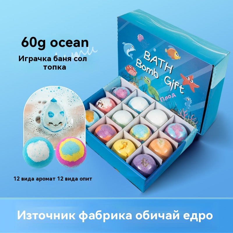 🌈🌈【12 броя】Комплект от 12 топчета сол за вана във формата на морски животни (60 г всяка) за деца.