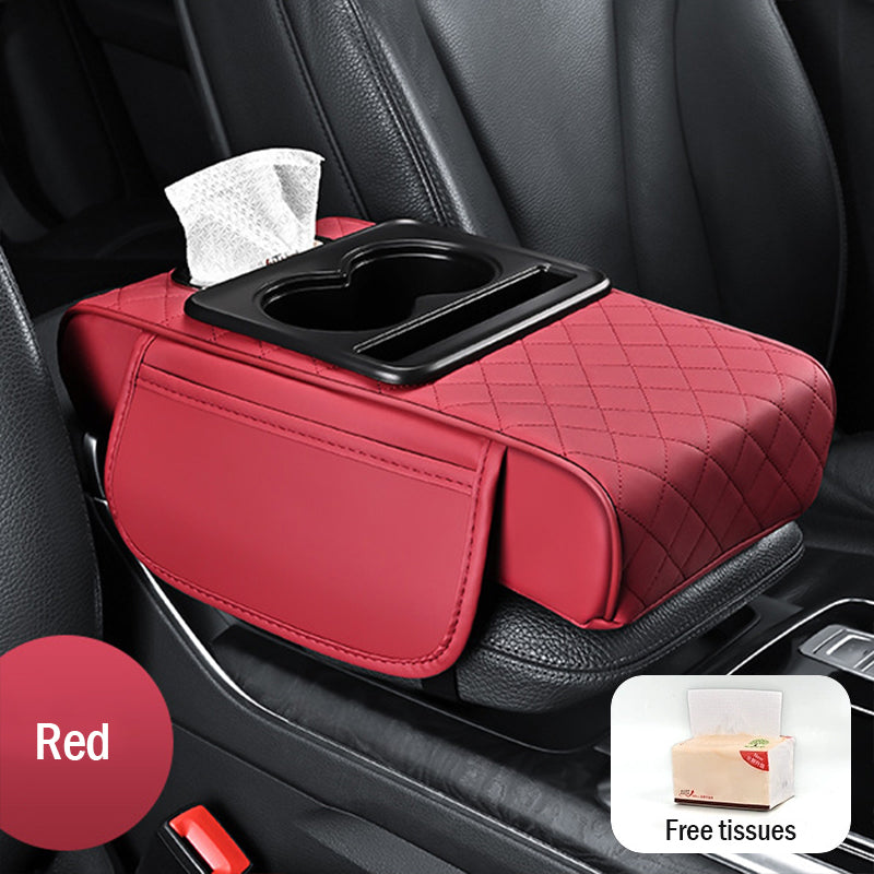 Универсална кожена подложка за подлакътник за кола 4 в 1 ✅ Вградена кутия за салфетки ✅ Поставка за чаши