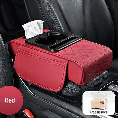 Универсална кожена подложка за подлакътник за кола 4 в 1 ✅ Вградена кутия за салфетки ✅ Поставка за чаши