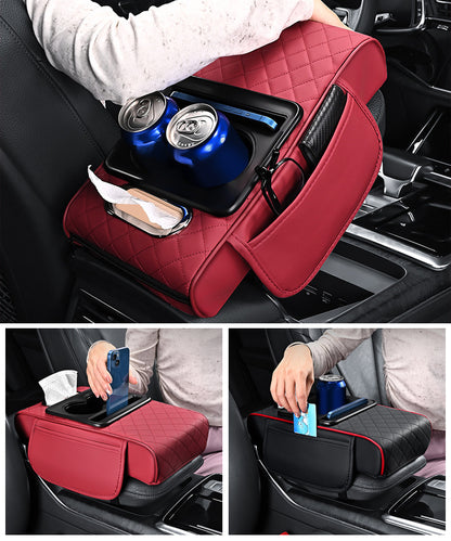 Универсална кожена подложка за подлакътник за кола 4 в 1 ✅ Вградена кутия за салфетки ✅ Поставка за чаши