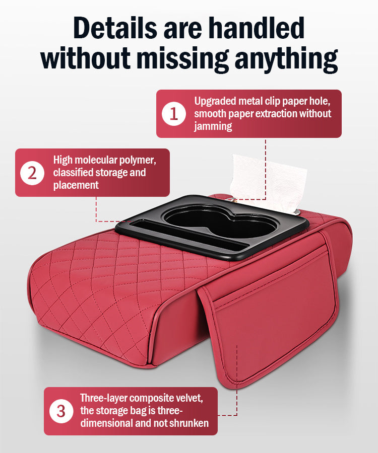 Универсална кожена подложка за подлакътник за кола 4 в 1 ✅ Вградена кутия за салфетки ✅ Поставка за чаши