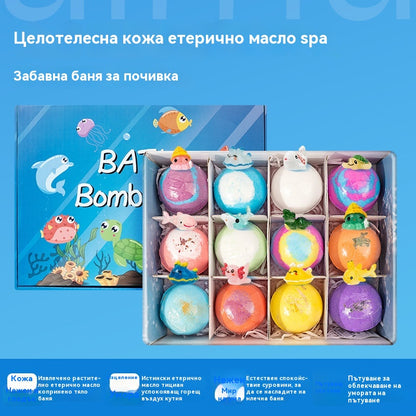 🌈🌈【12 броя】Комплект от 12 топчета сол за вана във формата на морски животни (60 г всяка) за деца.
